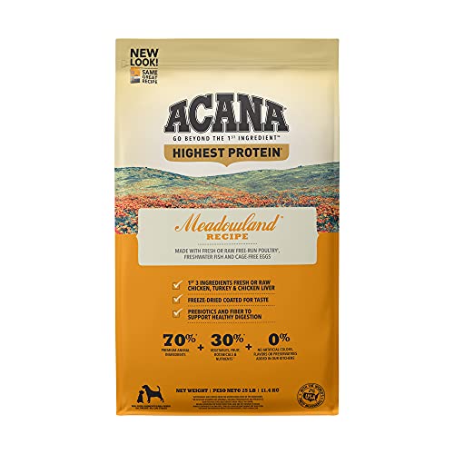 ACANA Highest Protein Dry Dog Food, Meadowland, Chicken and Turkey Recipe, 25lb
